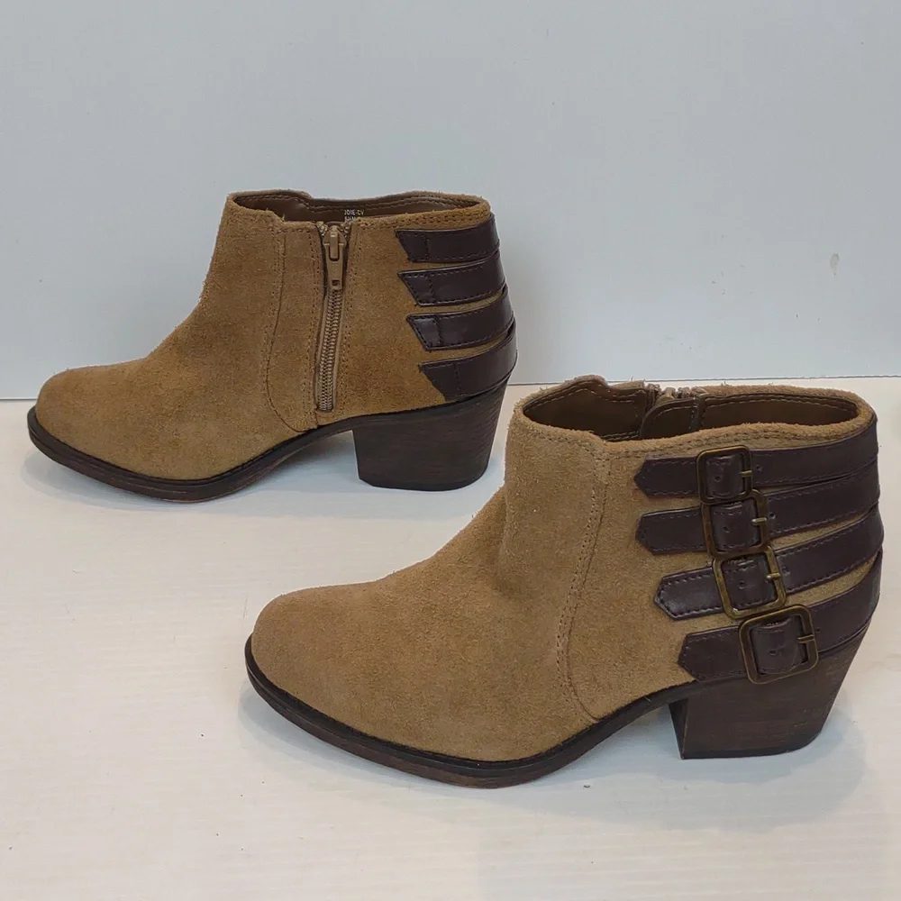 Crown Vintage Women's Joie Tan Suede Side Zip Strap/Buckle Detail Ankle Boots